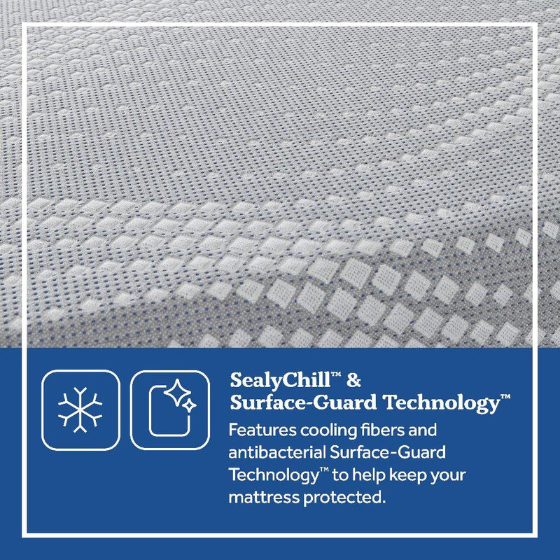 Sealy Elsanta Hybrid Mattress showing a plush, white mattress with a textured surface and supportive side panels.