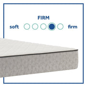 Sealy Elmcroft innerspring mattress with quilted top and supportive coils, shown in a neatly made bed setup.