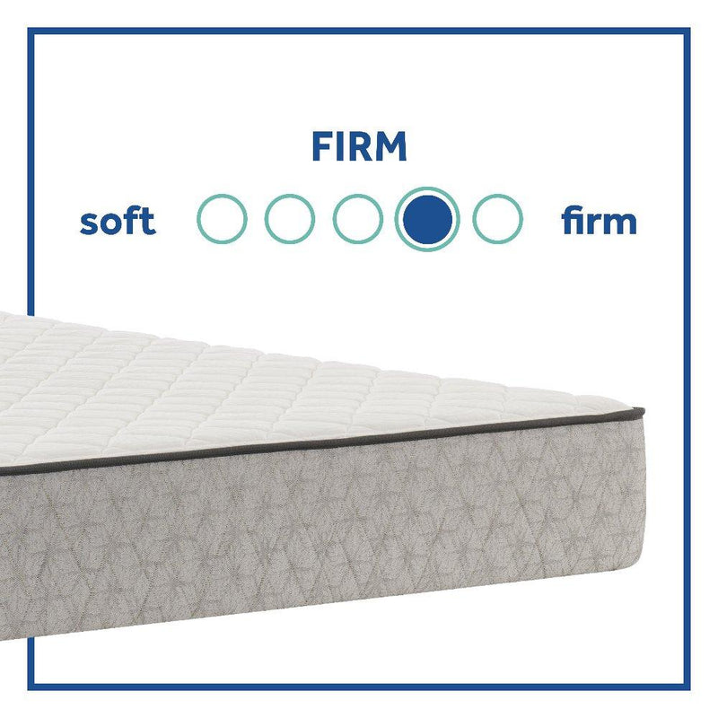 Sealy Elmcroft innerspring mattress with quilted top and supportive coils, shown in a neatly made bed setup.