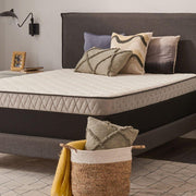 Sealy Spruce innerspring mattress with quilted top and supportive coils, shown on a bed frame with neutral bedding.
