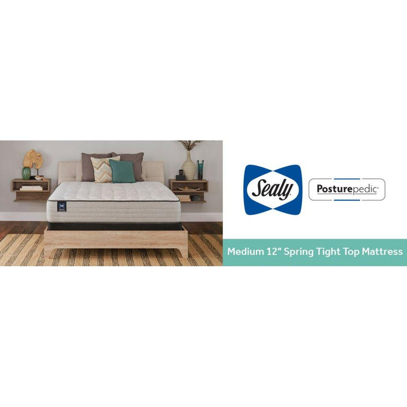 Sealy Leahy innerspring mattress with plush fabric cover, showing a side view with supportive coils and plush top layer.
