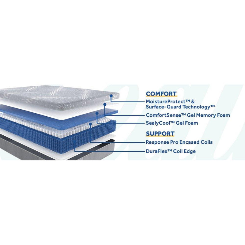 Sealy Salinger Hybrid Mattress with layered foam and innerspring support, shown in a neutral bedroom setting.
