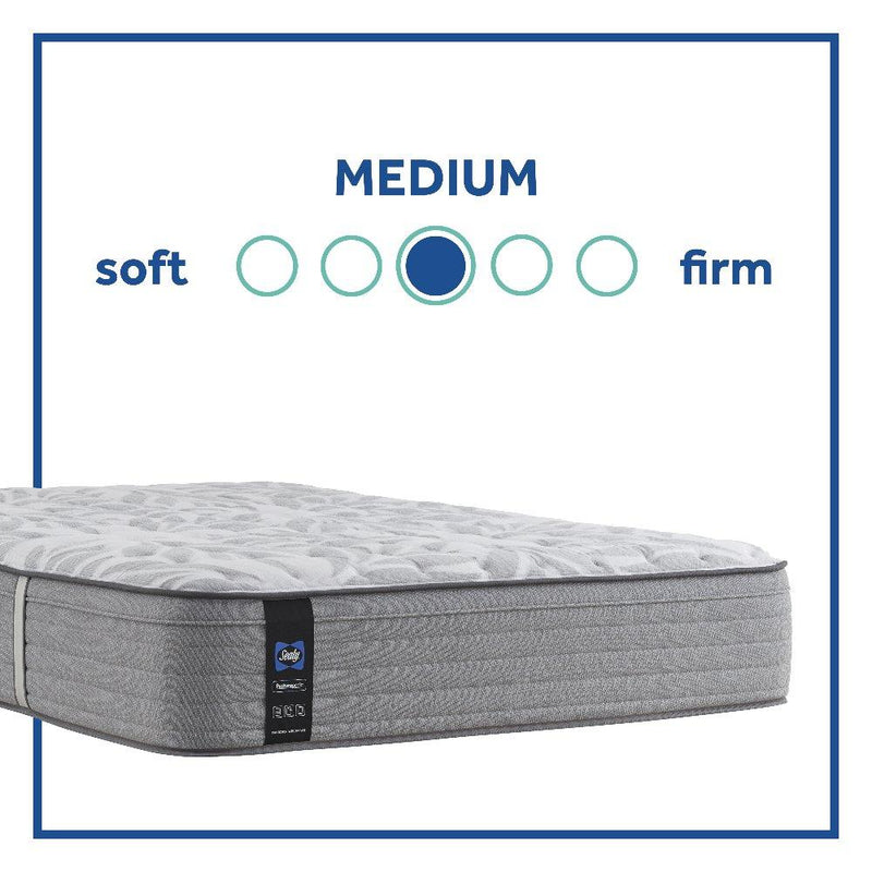 Sealy Lavina II innerspring mattress with quilted top and supportive layers, shown in a well-lit bedroom setting.