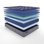 Sealy Grand Jewel innerspring mattress with plush top, showing a neatly made bed with patterned sheets and pillows.