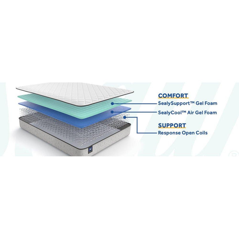 Sealy Elmcroft innerspring mattress with quilted top and supportive coils, shown on a bed frame in a well-lit bedroom setting.