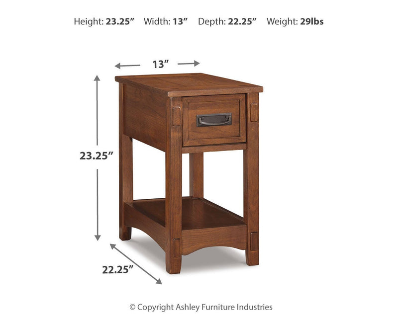 Ashley Furniture Breegin chairside end table with a dark wood finish and simple rectangular design.