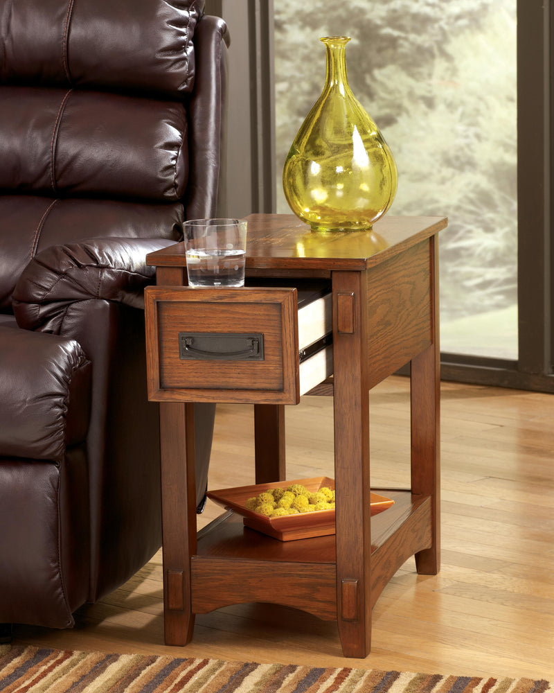 Ashley Furniture Breegin chairside end table with open shelving, featuring a sleek wood finish and modern design.