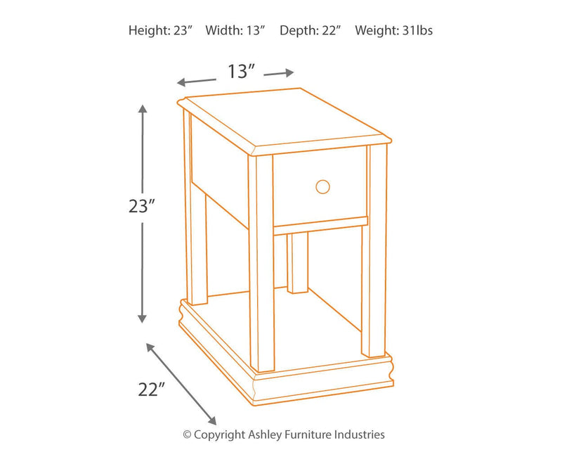 Ashley Furniture Breegin chairside end table with a dark wood finish and simple, elegant design for living room use.