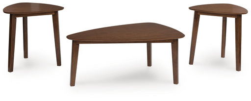 Set of three Ashley Furniture Lyncott tables, featuring modern design with wood and metal accents, arranged in a living space.
