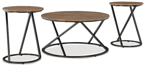 Set of three Ashley Furniture Cassbryn tables with angled legs, coffee table and side tables, in a modern wooden finish.