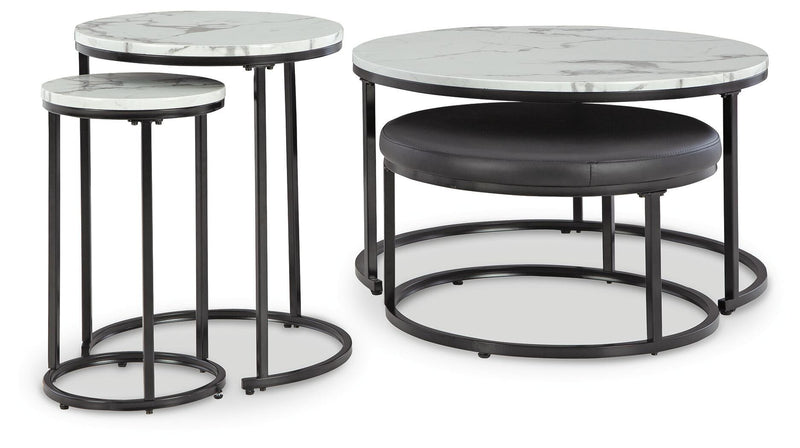 Set of four Ashley Furniture Jusmour nesting tables with sleek wooden tops and metal legs, arranged together in a modern living space.