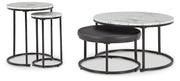 Set of four Ashley Furniture Jusmour nesting tables with sleek wooden tops and black metal legs, versatile for living room decor.
