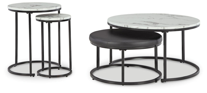 Set of four Ashley Furniture Jusmour nesting tables with sleek wooden tops and black metal legs, versatile for living room decor.