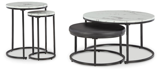 Set of four Ashley Furniture Jusmour nesting tables with sleek wooden tops and black metal legs, versatile for living room decor.
