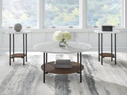 Set of three Ashley Furniture Wrenwich tables with wooden tops and black metal legs, arranged together in a modern living room setting.