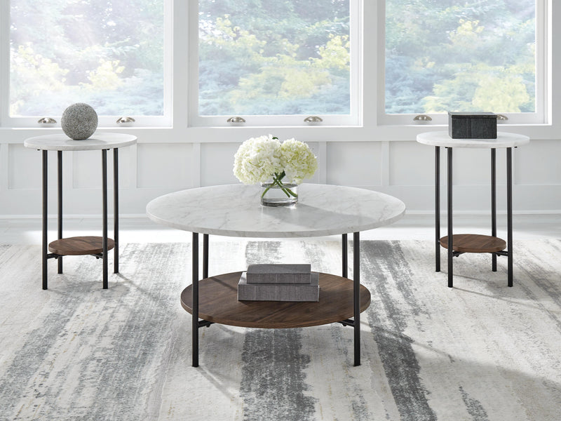 Set of three Ashley Furniture Wrenwich tables with wooden tops and black metal legs, arranged together in a modern living room setting.