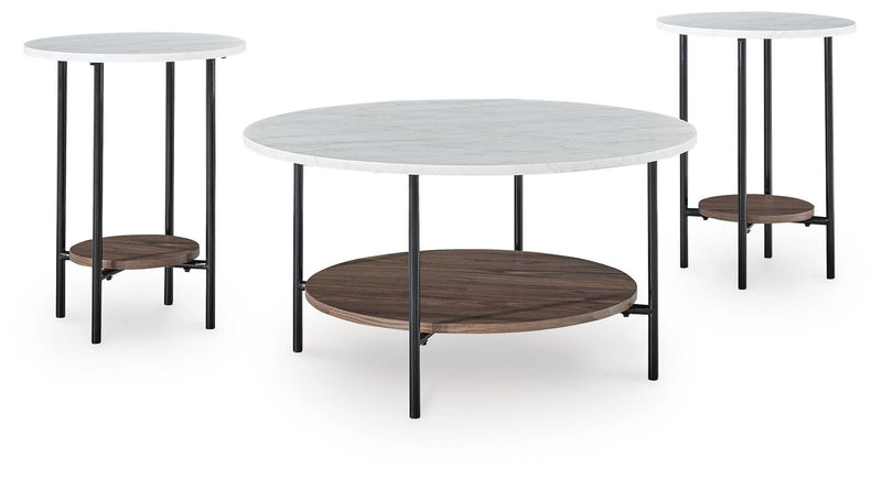 Set of three Ashley Furniture Wrenwich tables, featuring stylish wooden tops and sleek metal legs, angled design for modern living spaces.