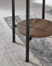 Set of three Ashley Furniture Wrenwich tables with dark wood finish, featuring sleek, modern designs for living room decor.
