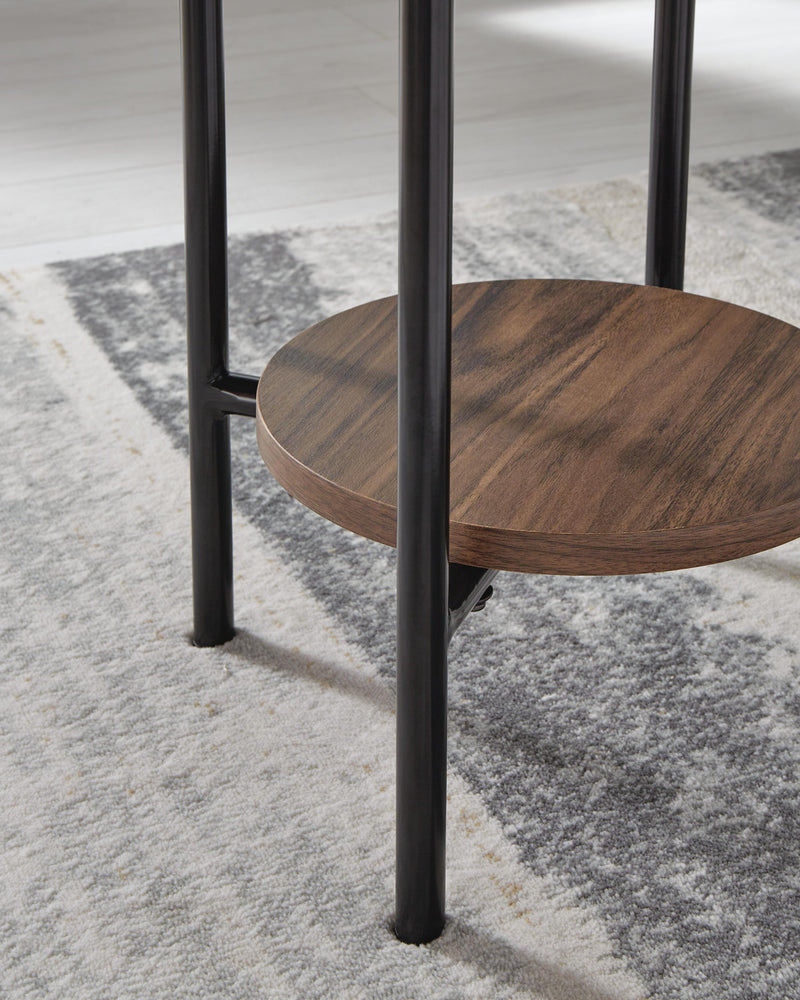 Set of three Ashley Furniture Wrenwich tables with dark wood finish, featuring sleek, modern designs for living room decor.