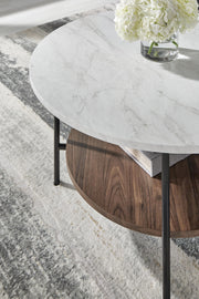 Set of three Ashley Furniture Wrenwich tables with wooden tops and metal legs, modern design for living room or lounge area.