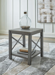 Ashley Furniture Freedan occasional table set featuring two modern, round tables with sleek wooden tops and metal legs.
