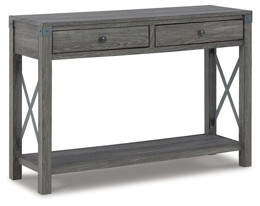 Ashley Furniture Freedan sofa table with a sleek wooden finish, shown from an angled side view.