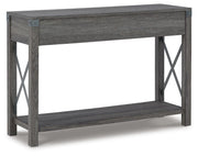 Ashley Furniture Freedan sofa console table with sleek wood finish, featuring a modern design and storage drawers.