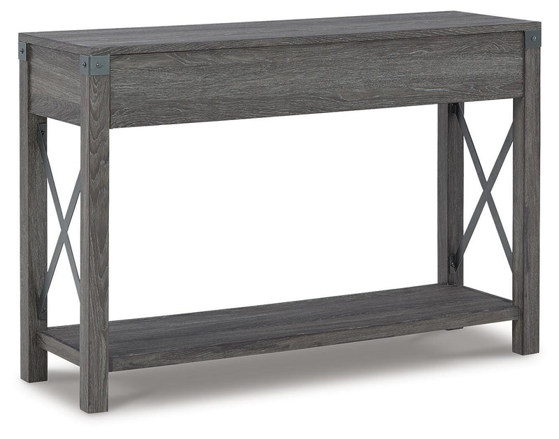 Ashley Furniture Freedan sofa console table with sleek wood finish, featuring a modern design and storage drawers.