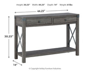 Ashley Furniture Freedan sofa console table with sleek wooden top and modern design, ideal for living room decor.