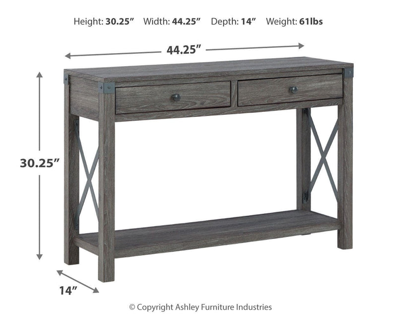 Ashley Furniture Freedan sofa console table with sleek wooden top and modern design, ideal for living room decor.