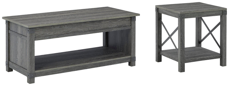 Ashley Furniture Freedan occasional table set with two modern wooden tables featuring sleek dark finishes and minimalist design.