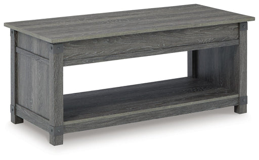 Ashley Furniture Freedan Lift-Top Coffee Table showing the closed lift-top with wood finish and modern design from an angled side view.