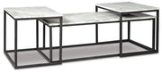 Set of three Ashley Furniture Donnesta tables with sleek wooden tops and tapered black metal legs, angled side view.