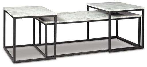 Set of three Ashley Furniture Donnesta tables with sleek wooden tops and tapered black metal legs, angled side view.