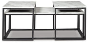 Set of three Ashley Furniture Donnesta tables with dark wood finish, featuring sleek tabletops and sturdy legs.