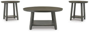 Set of three Ashley Furniture Caitbrook tables with wood finish, featuring sleek rectangular tops and sturdy bases.