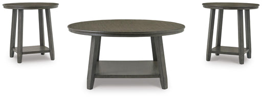 Set of three Ashley Furniture Caitbrook tables with wood finish, featuring sleek rectangular tops and sturdy bases.