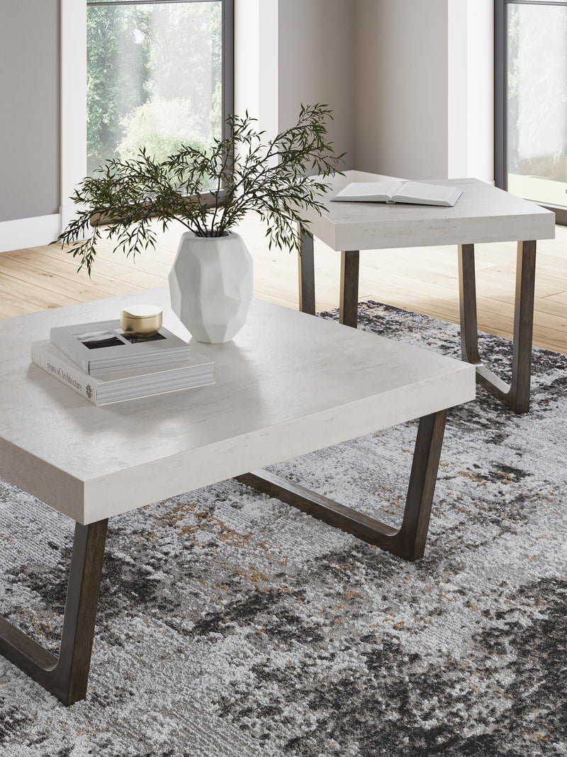 Set of two Ashley Furniture Westenfort tables in a 3-pack, featuring modern wooden tops and sturdy metal legs.