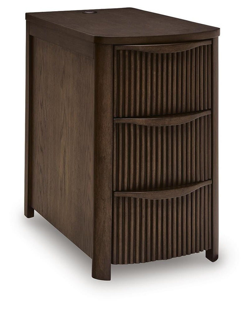 Ashley Furniture Camdill chairside end table with a sleek wooden surface and modern design, shown from an angled view.
