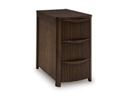 Ashley Furniture Camdill chairside end table with a square wooden surface and storage shelf, shown from an angled view.