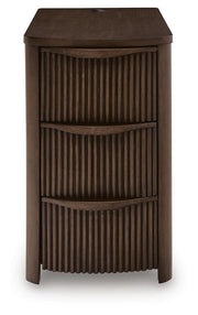 Ashley Furniture Camdill chairside end table with a sleek wooden surface and tapered legs, shown from a head-on perspective.