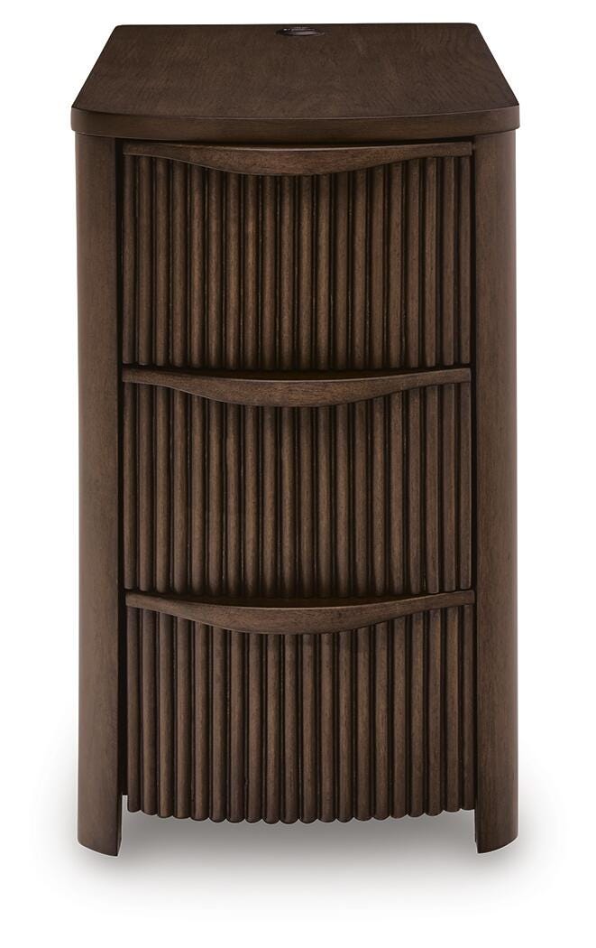 Ashley Furniture Camdill chairside end table with a sleek wooden surface and tapered legs, shown from a head-on perspective.