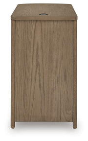 Ashley Furniture Camdill chairside end table with dark wood finish, featuring a compact design and storage drawer.