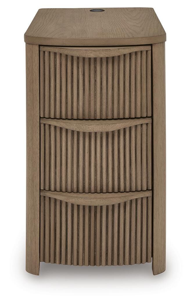 Ashley Furniture Camdill chairside end table with a round wooden top and open shelf, perfect for small living space accents.