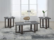 Set of three Ashley Furniture Dynnford tables, featuring modern wooden surfaces and sleek metal legs, arranged together.
