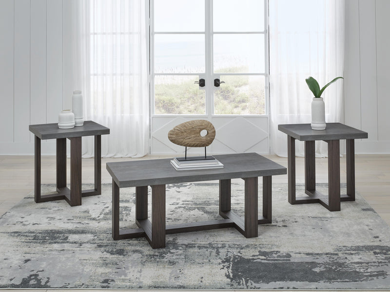 Set of three Ashley Furniture Dynnford tables, featuring modern wooden surfaces and sleek metal legs, arranged together.