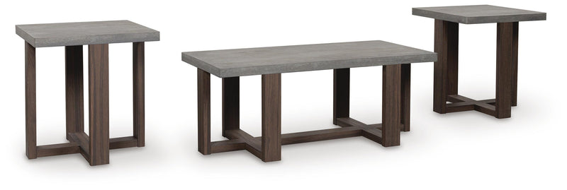 Set of three Ashley Furniture Dynnford tables, angled side tables with wooden tops and black metal legs, modern and stylish design
