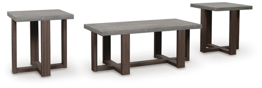 Set of three Ashley Furniture Dynnford tables, angled side tables with wooden tops and black metal legs, modern and stylish design