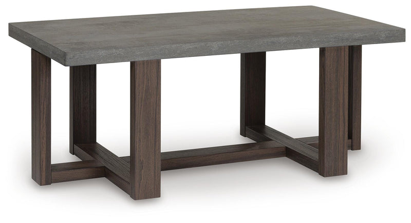 Set of three Ashley Furniture Dynnford tables with angled tabletops in a modern wood finish, perfect for versatile living room decor.