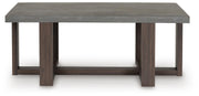 Set of three Dynnford tables by Ashley Furniture with dark wood finish, featuring sleek, modern design and smooth tabletops.
